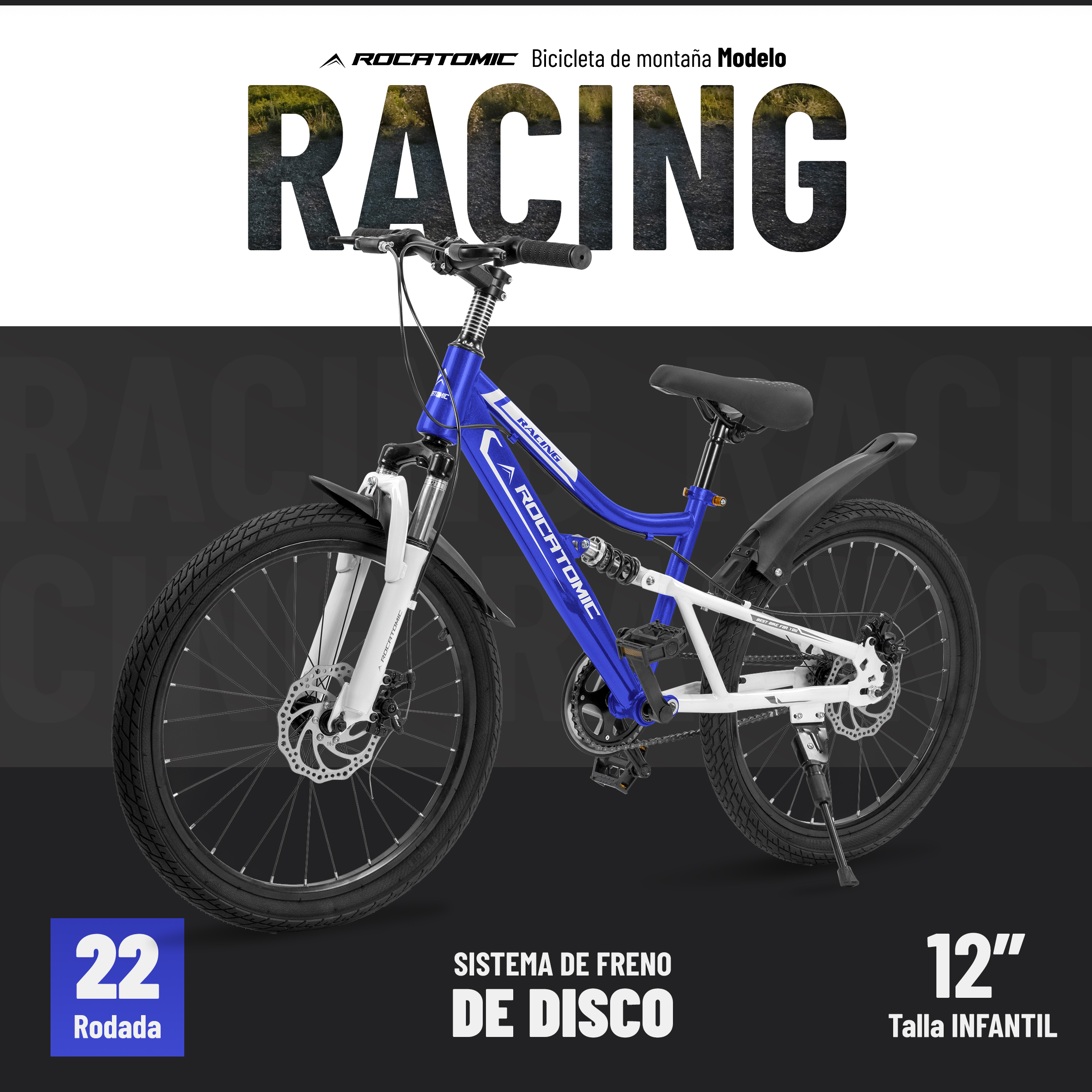 Foto 3 pulgar | Bicicleta Racing Rocatomic Rodada 22 Cuadro 12” Doble Suspensión Bicicleta de Montaña Azul