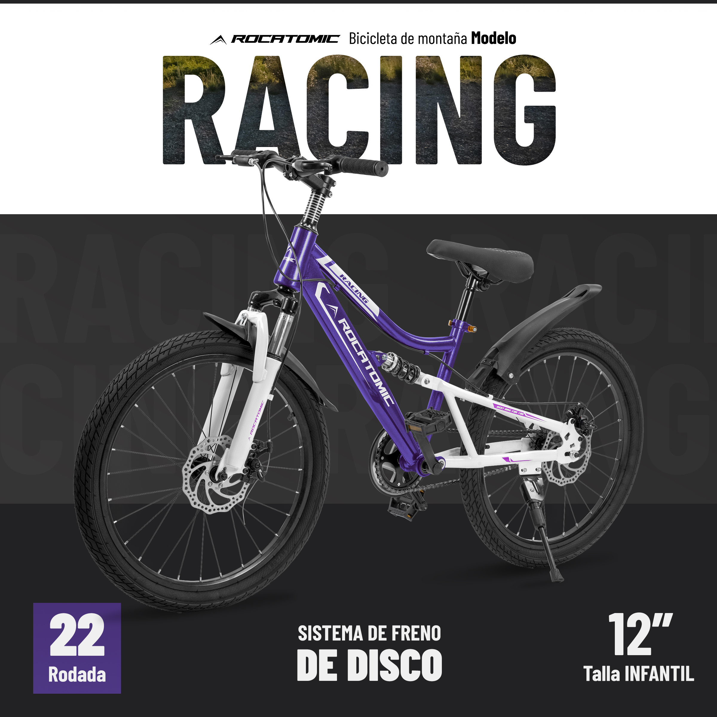 Foto 3 pulgar | Bicicleta Racing Rocatomic Rodada 22 Cuadro 12” Doble Suspensión Bicicleta de Montaña Morada