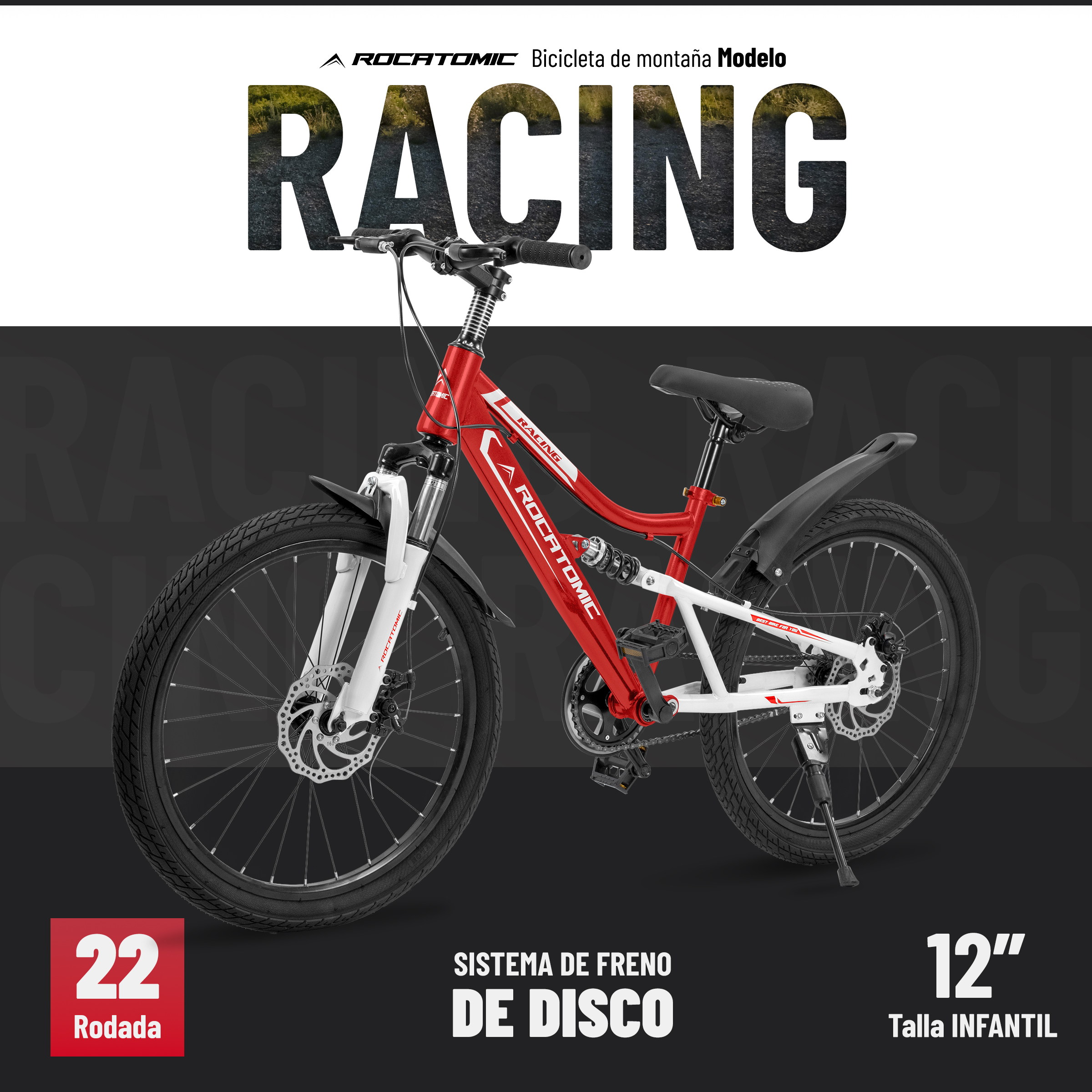 Foto 3 pulgar | Bicicleta Racing Rocatomic Rodada 22 Cuadro 12” Doble Suspensión Bicicleta de Montaña Roja