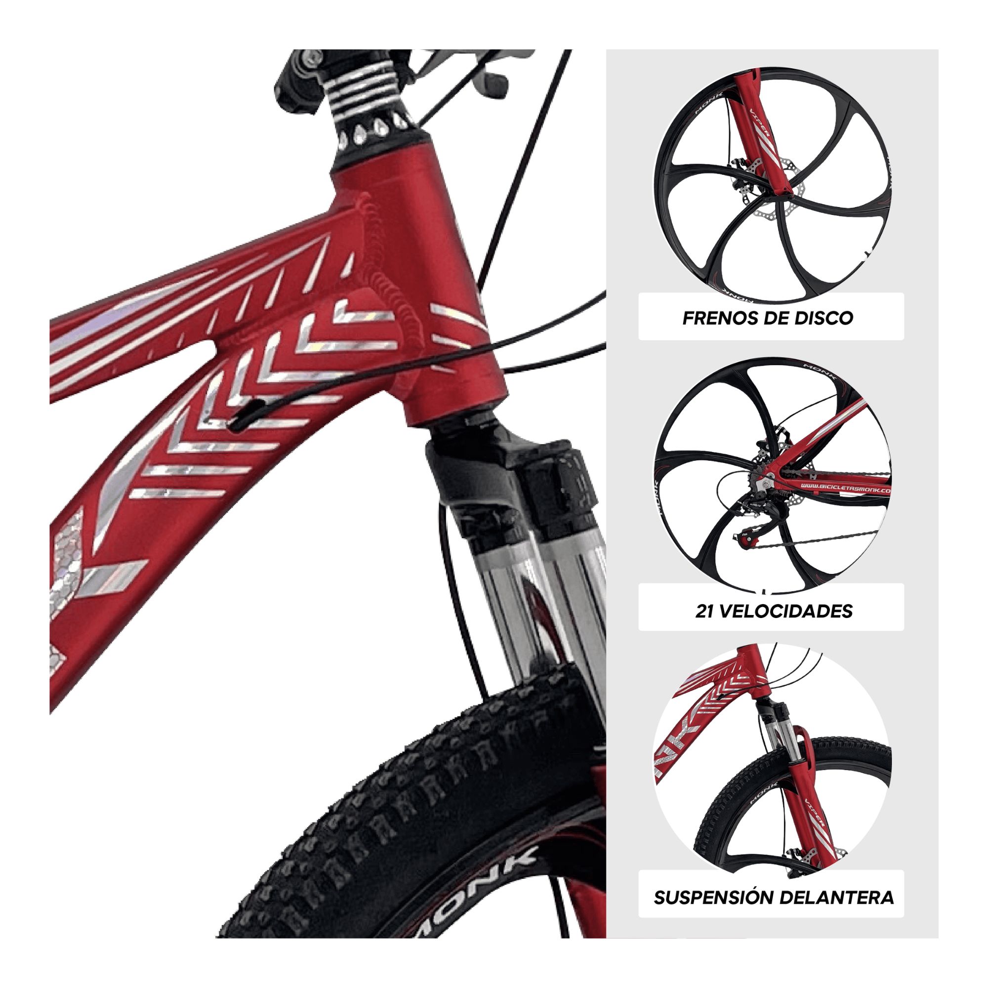 Foto 3 | Bicicleta De Montaña Monk Viper R26 21 Velocidades Rojo