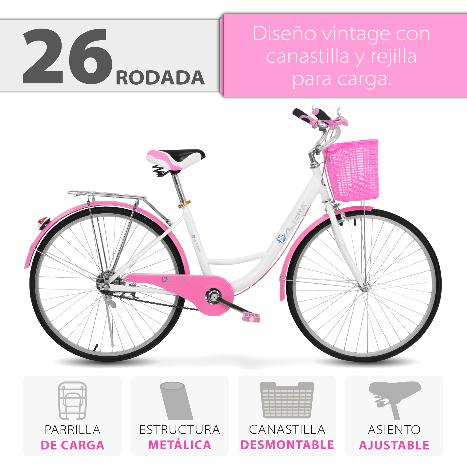 Foto 4 pulgar | Bicicleta Retro Altera RBIKE-002 color Rosa Rodada 26 con Canastilla y Rejilla de Carga