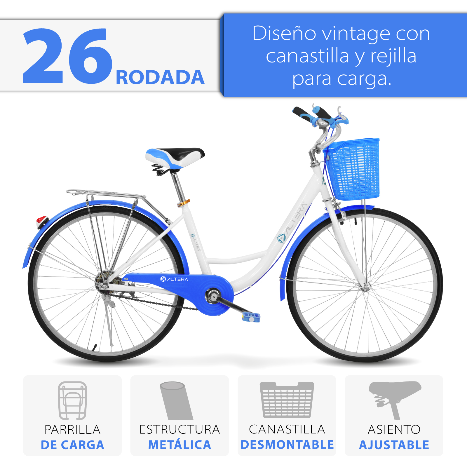 Foto 4 pulgar | Bicicleta Retro Altera RBIKE-002 color Azul Rodada 26 con Canastilla y Rejilla de Carga