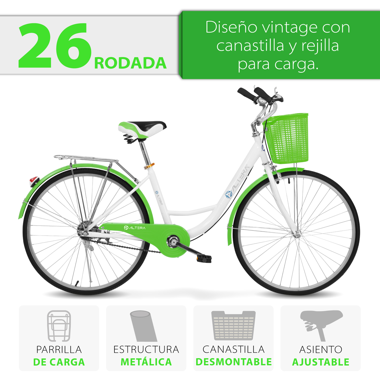 Foto 4 pulgar | Bicicleta Retro Altera RBIKE-002 color Verde Rodada 26 con Canastilla y Rejilla de Carga