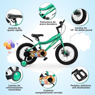 Foto 2 | Bicicleta Infantil Ligera de 16 Pulgadas para Niños 2 en 1 con Llantas y Pedal Entrenador Generac S10118 color Verde