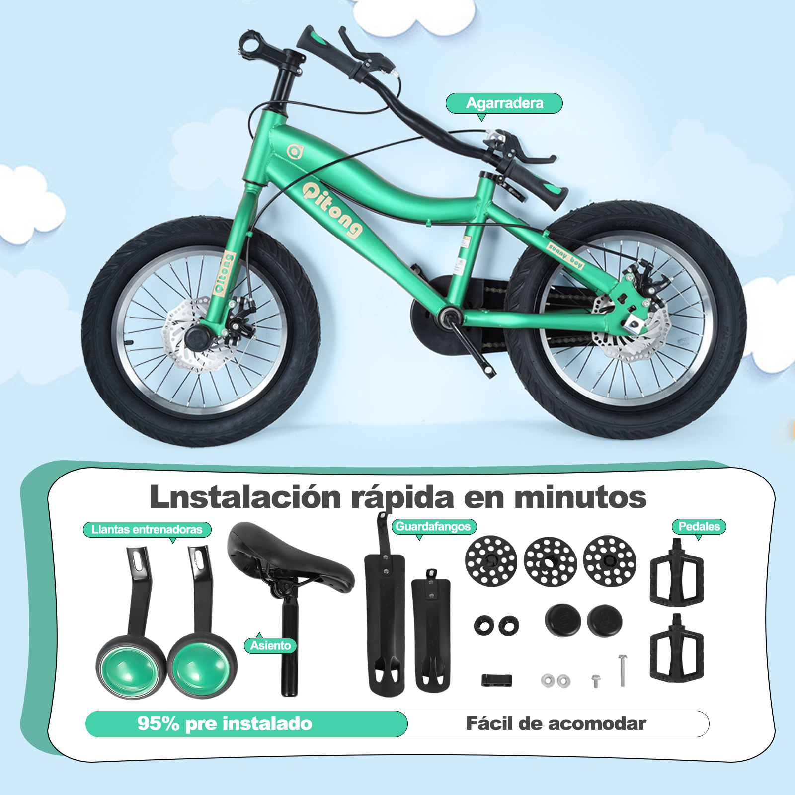 Foto 6 | Bicicleta Infantil Ligera de 16 Pulgadas para Niños 2 en 1 con Llantas y Pedal Entrenador Generac S10118 color Verde