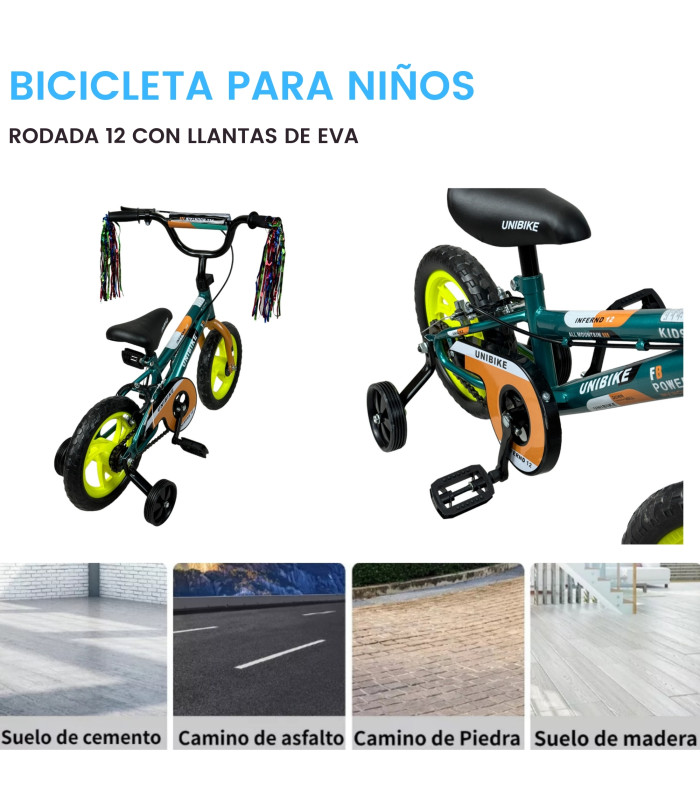 Foto 5 pulgar | Bicicleta Unibike para Niños Rodada 12 Verde con Ruedas de Entrenamiento