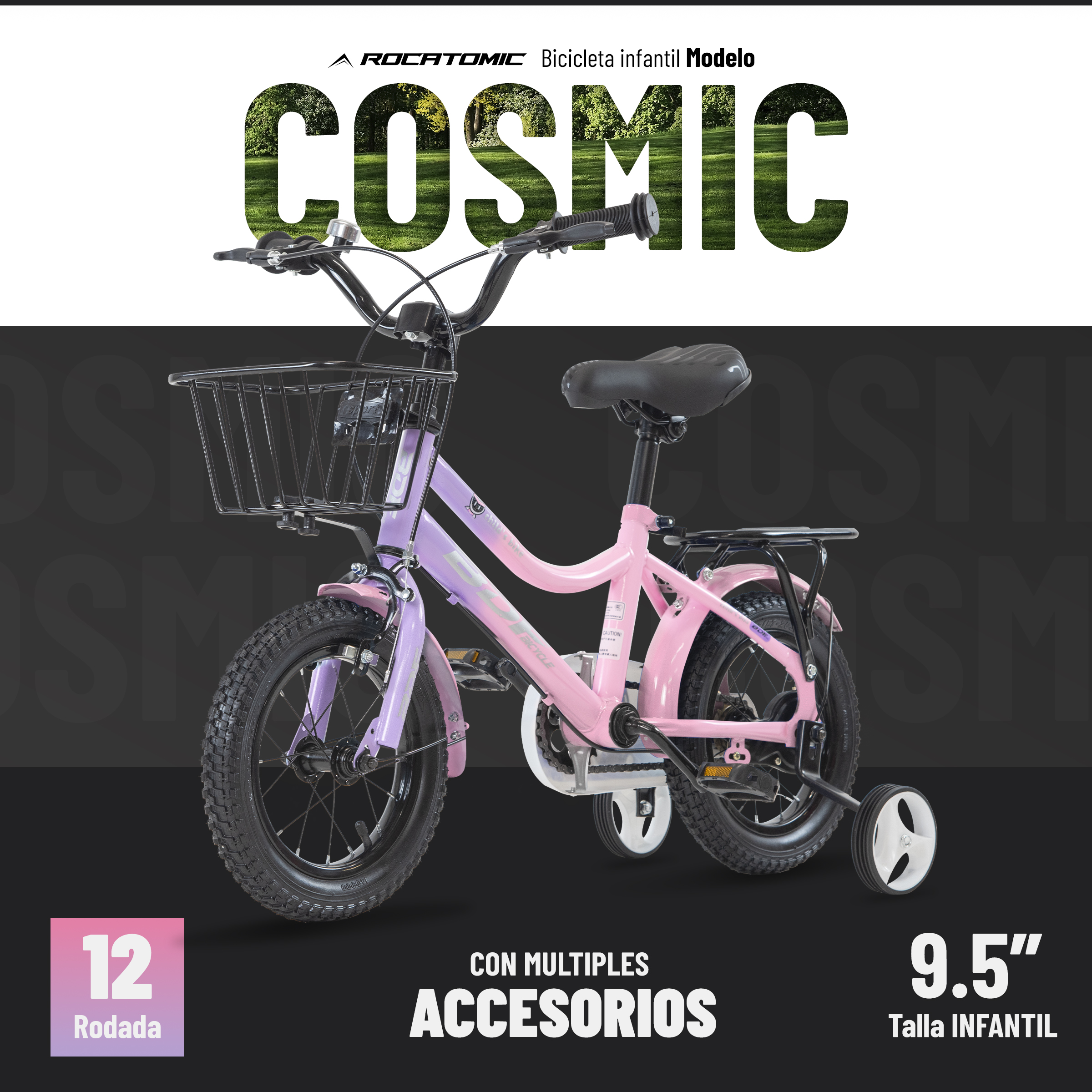 Foto 3 pulgar | Bicicleta Rocatomic Cosmic R12 Llanta Entrenamiento Niños (rosa/morado)