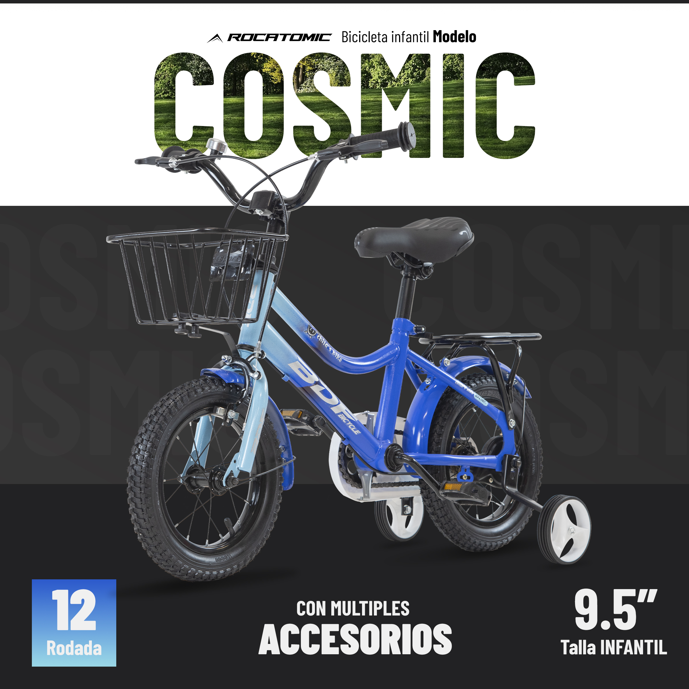 Foto 2 | Bicicleta Rocatomic Cosmic R12 Llanta Entrenamiento Niños (azul Rey/azul Turqueza)