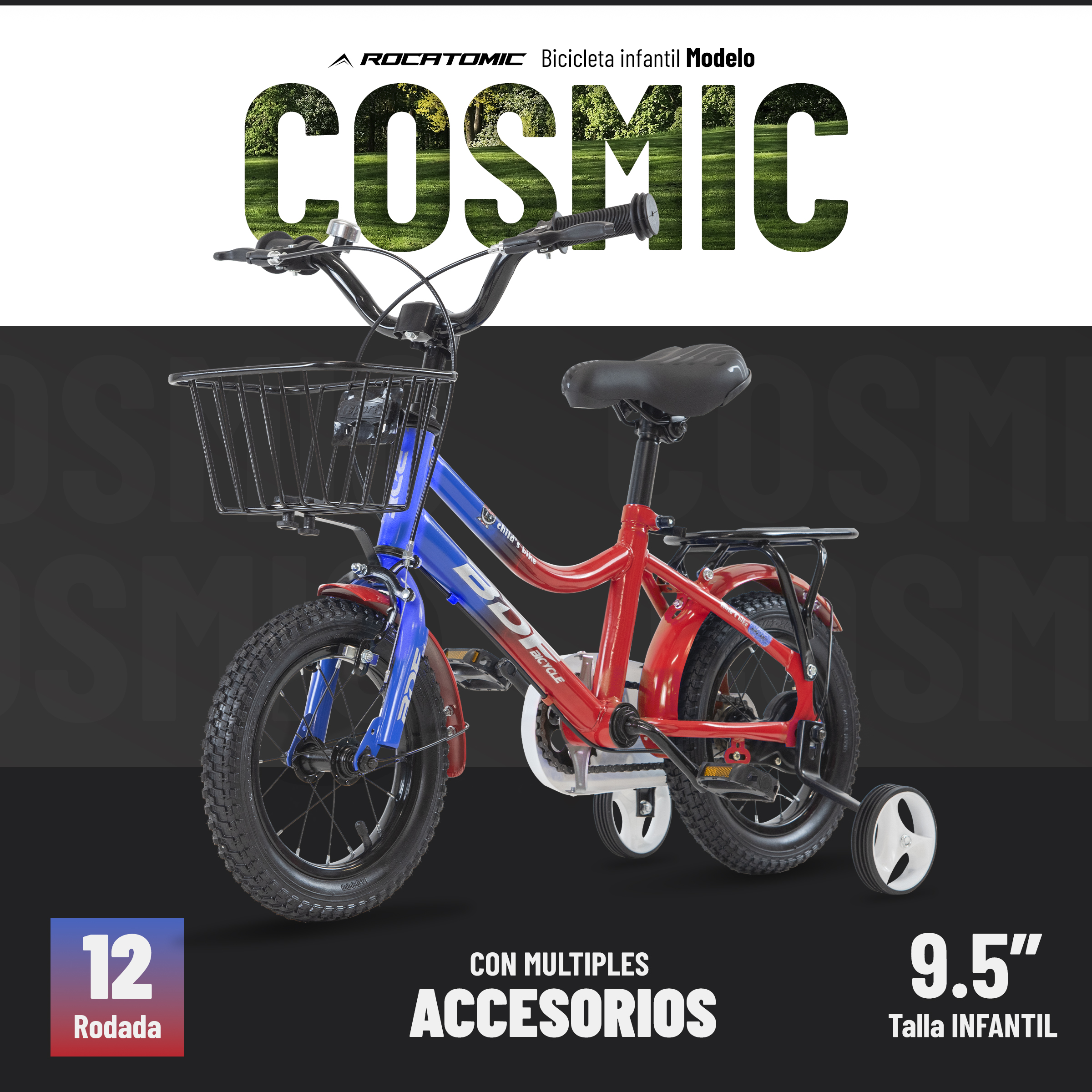 Foto 2 | Bicicleta Rocatomic Cosmic R12 Llanta Entrenamiento Niños (rojo/azul)