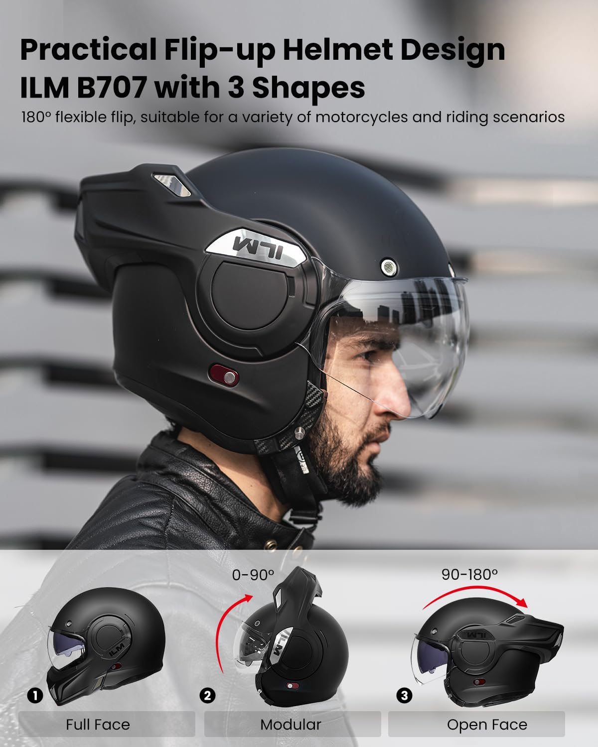 Foto 4 pulgar | Casco De Moto Ilm Vintage Full Face Modular Dot B707 - Venta Internacional.