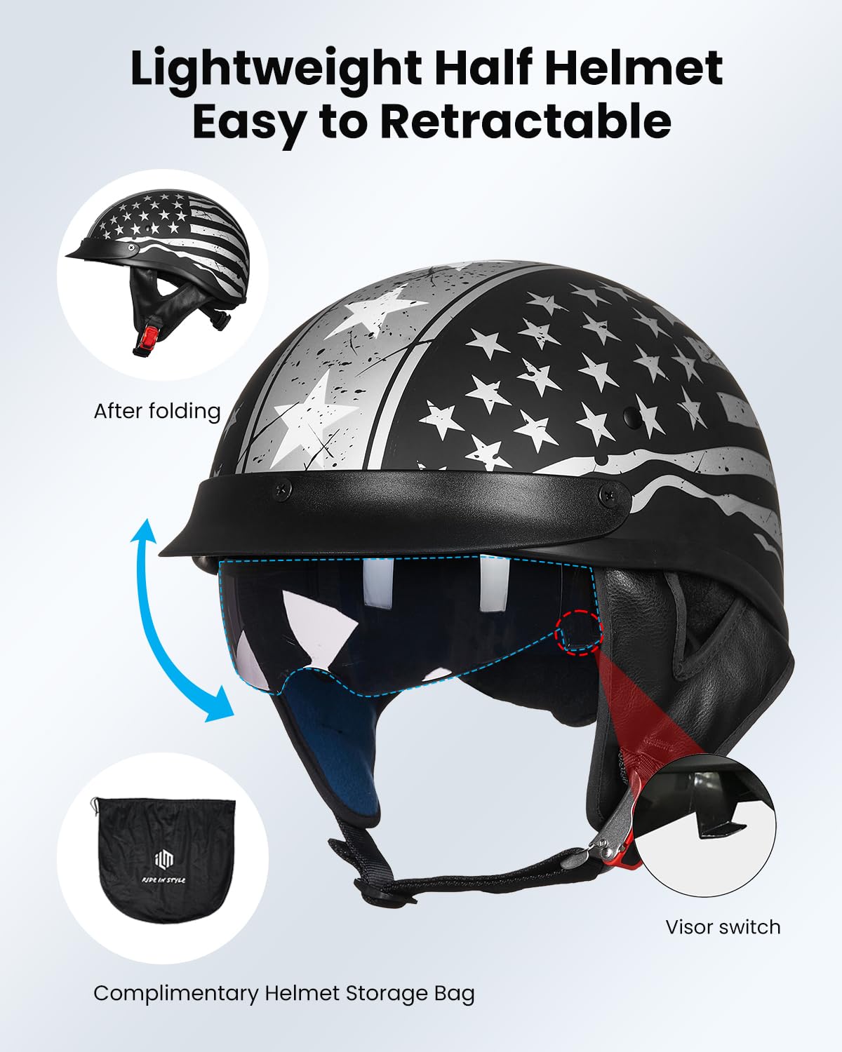 Foto 5 pulgar | Medio Casco De Moto Ilm 205v, Visor Solar De Cara Abierta Dot (s) - Venta Internacional.