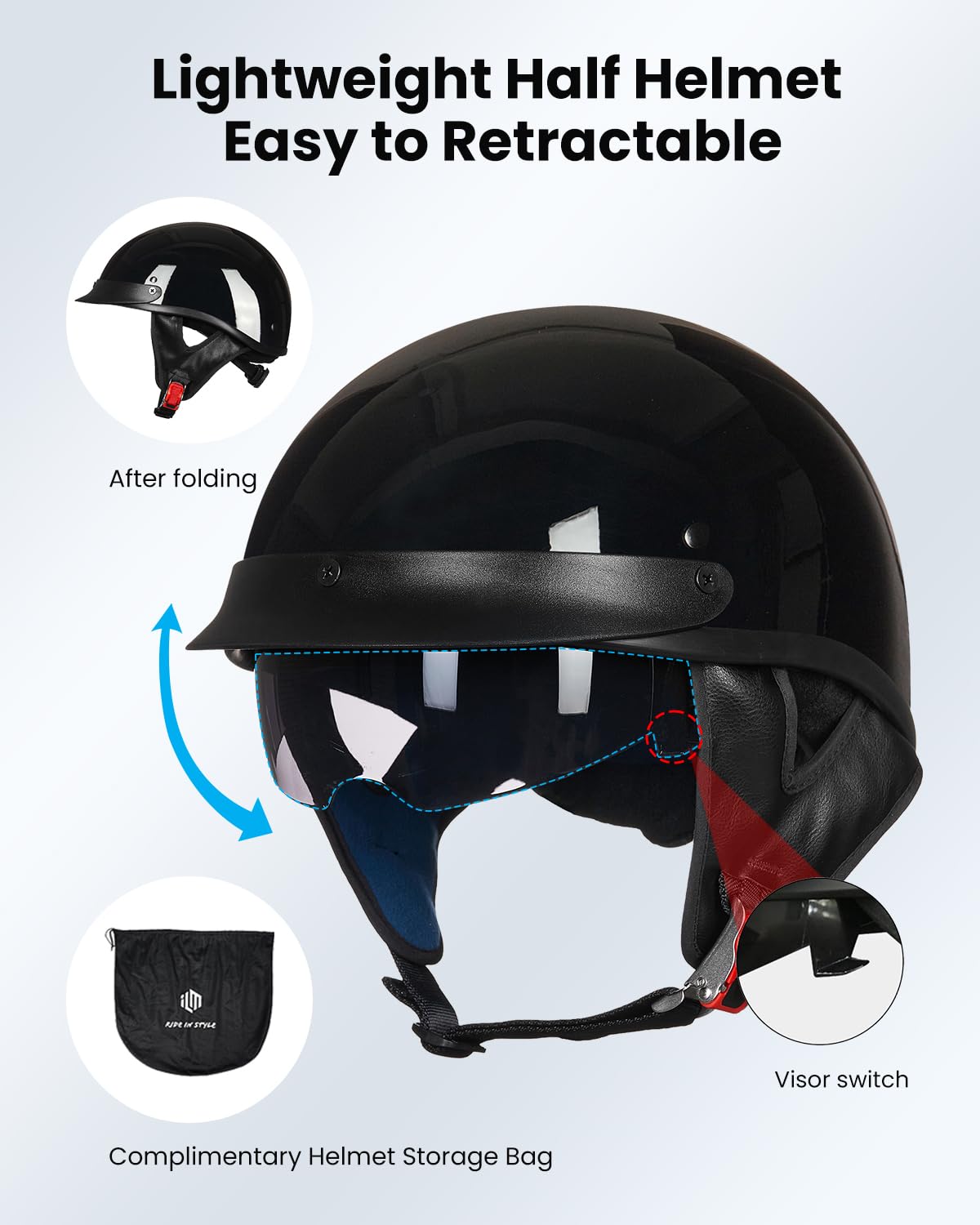 Foto 5 pulgar | Medio Casco De Moto Ilm Model-205v Negro Brillante (l) - Venta Internacional.