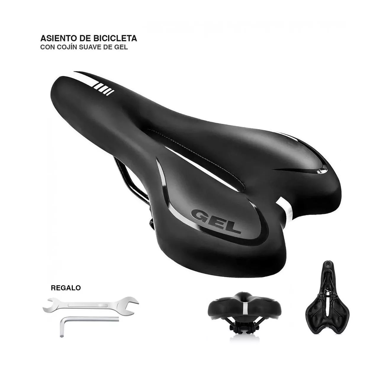 Foto 5 pulgar | Asiento de Bicicleta GEL con Cojín Suave Acolchonada Negro Linea Blanca