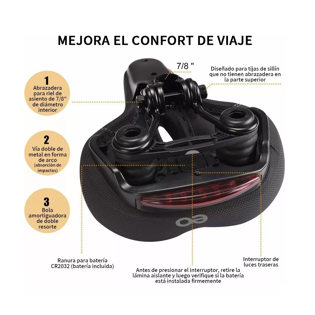 Foto 2 | Asiento De Bicicleta Cómodo Con Cojín Suave Y Luz Trasera Eo Safe Imports Esi-7385-1 Negro