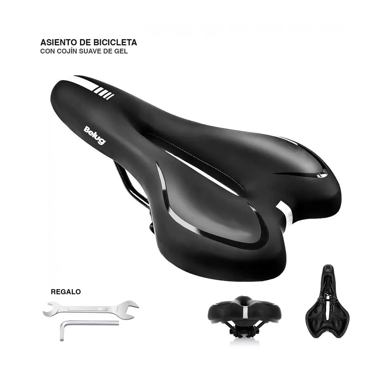 Foto 5 pulgar | Asiento Cómodo De Bicicleta Con Cojín Suave Gel Acolchonada Negro Linea Blanca Belug