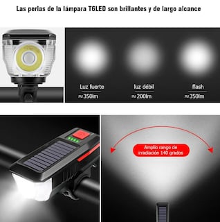 Foto 2 | Xtellar Luz De Bicicleta Recargable Solar Y Usb Con Bocina Integrada - 2000mah, Negro