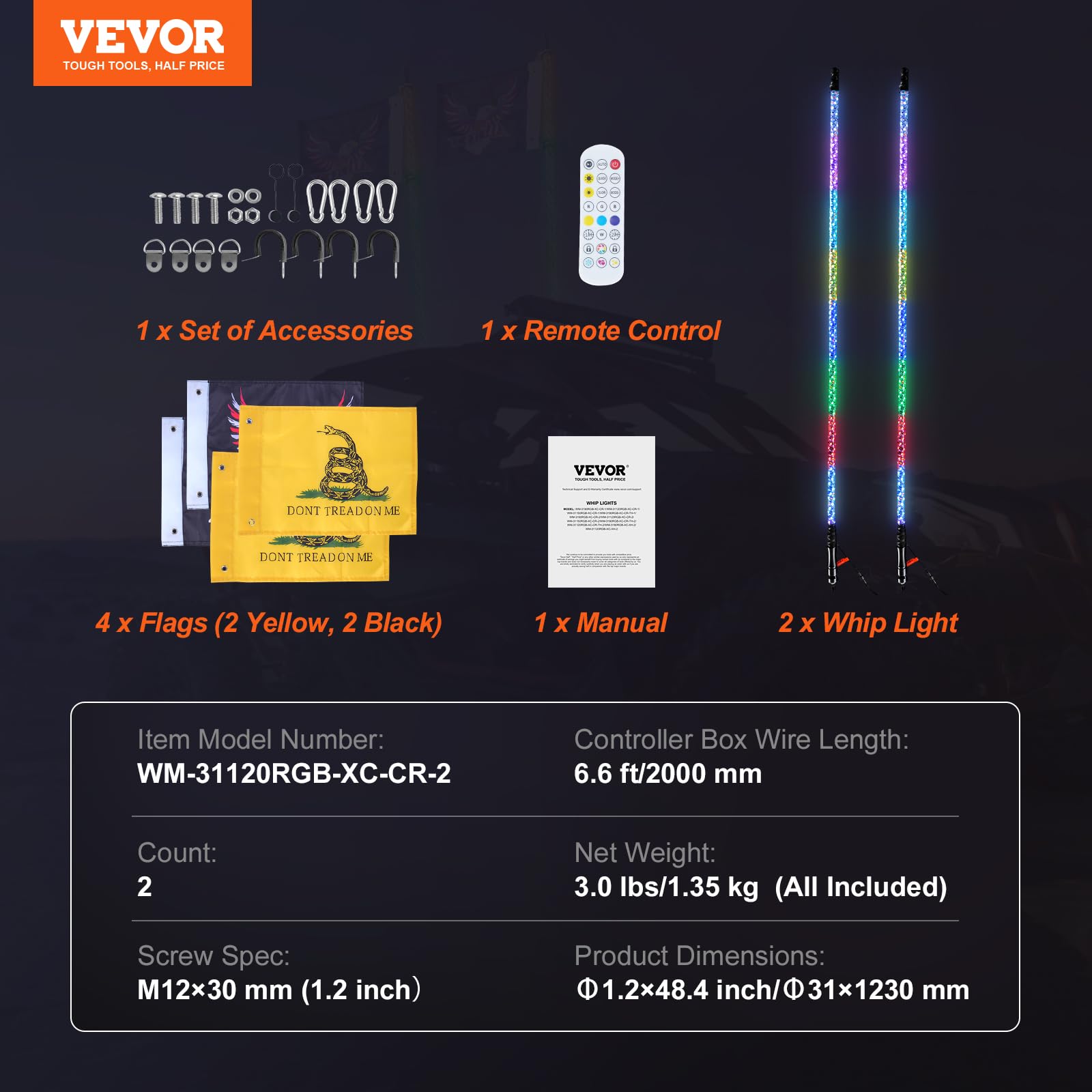 Foto 7 | Persecución Rgb Whip Light Vevor De 4 Pies Y 2 Unidades Con Control Remoto - Venta Internacional.
