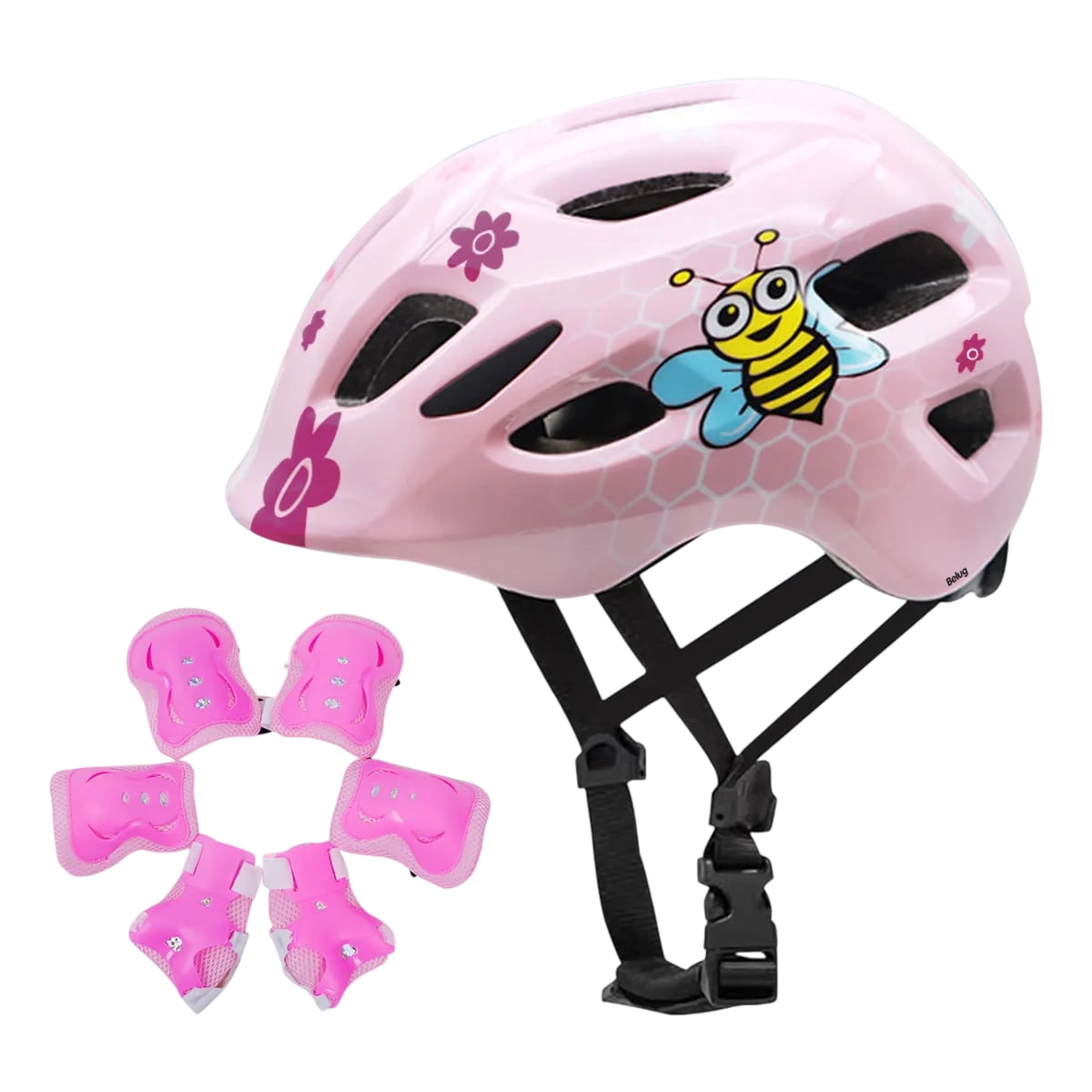 Casco Belug Protección Niño Rodillera Patín Bici Scooter 50-56cm Rosa Abeja
