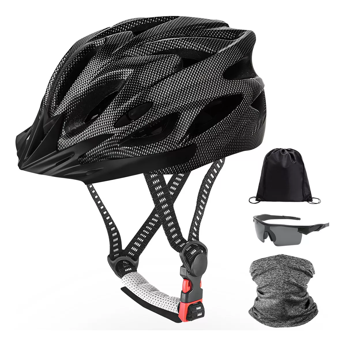 Set Casco de Bicicleta Adulto Ciclismo Eo Safe Imports Esi-8776 Negro + Gafas + Máscara + Bolso