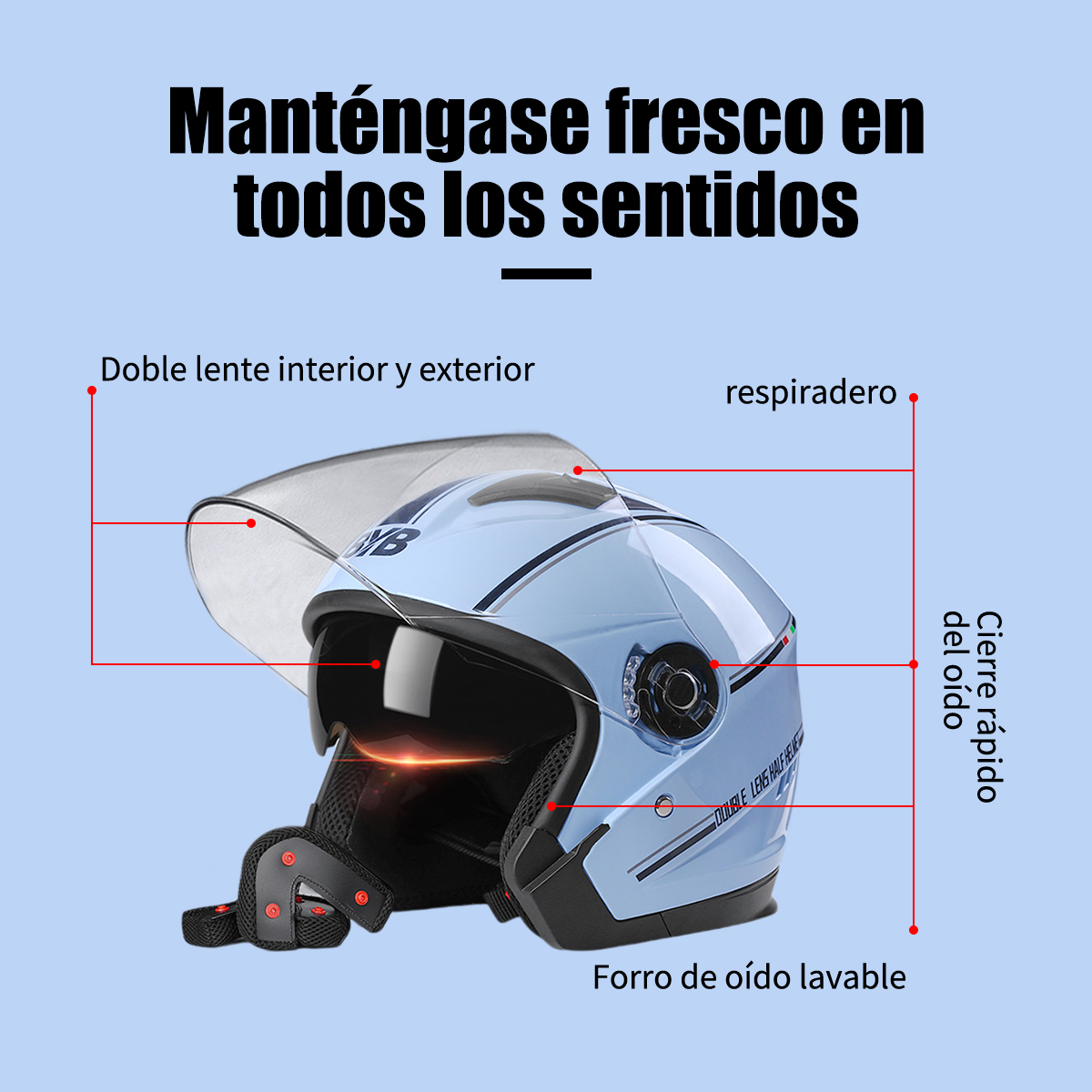 Foto 7 | Casco de Moto Xinest Flip-Up con Gafas Dobles Azul