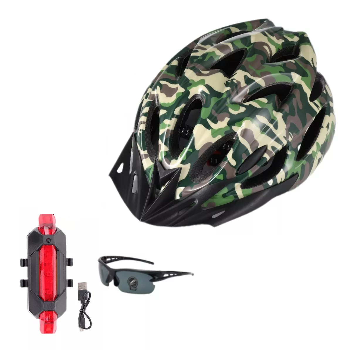 Casco De Bicicleta + Luz De Bicicleta Recargable Usb + Gafas Eo Safe Imports Esi-15812 Multicolor