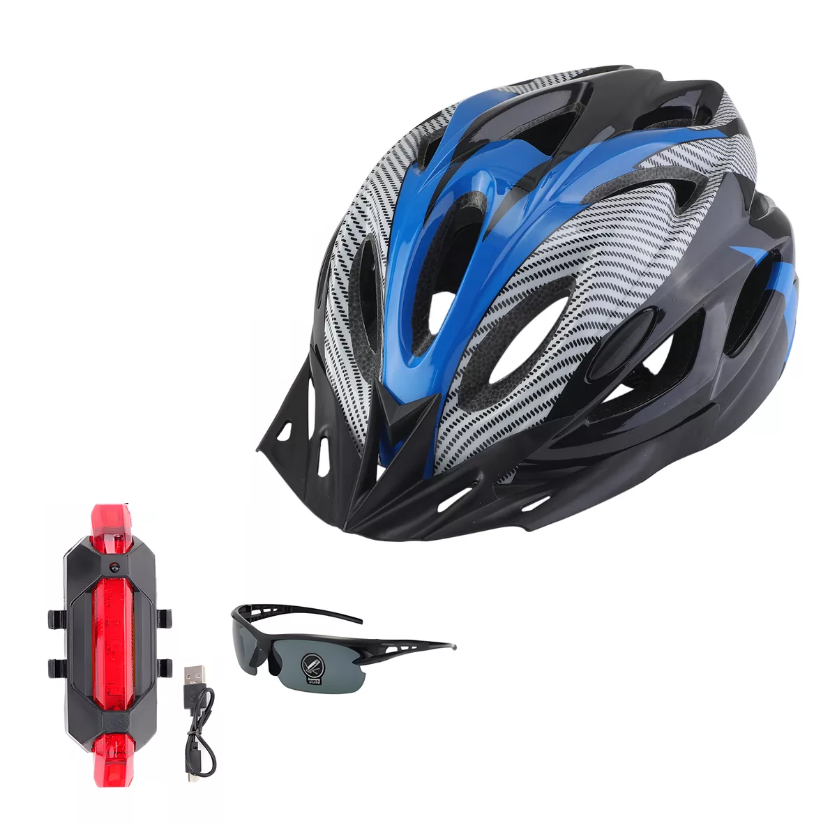 Casco De Bicicleta + Luz De Bicicleta Recargable Usb + Gafas Eo Safe Imports Esi-15811 Azul