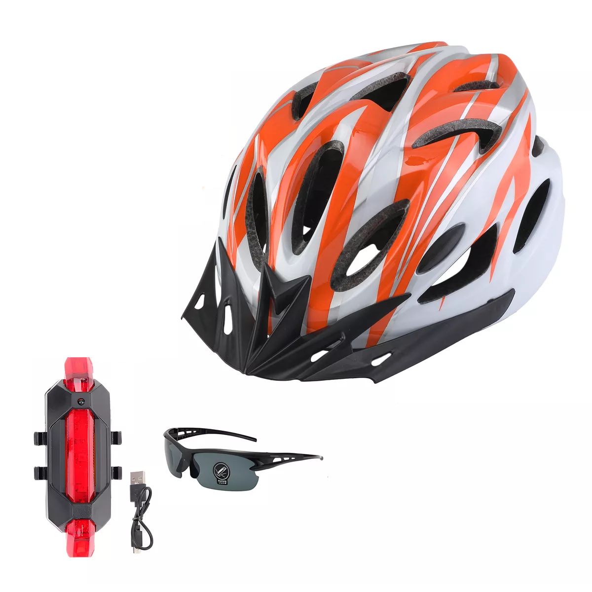 Casco De Bicicleta + Luz De Bicicleta Recargable Usb + Gafas Eo Safe Imports  Esi-15813 Multicolor