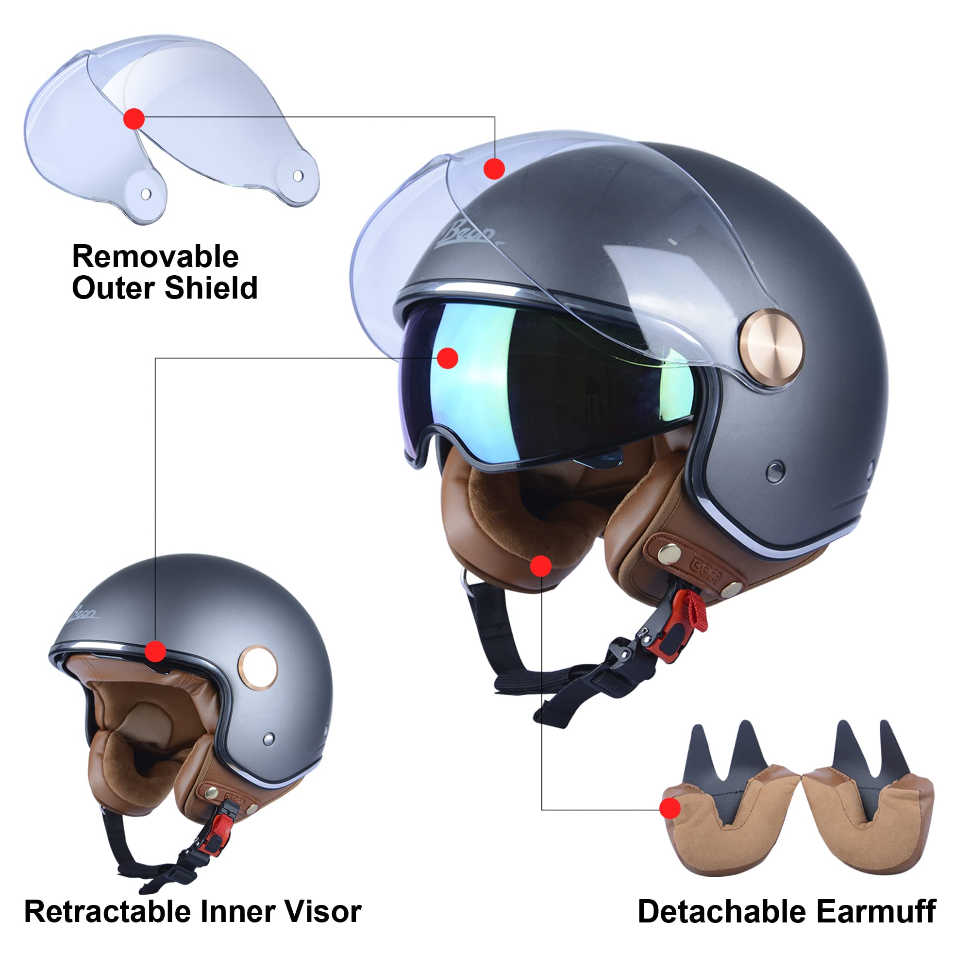 Foto 6 pulgar | Casco De Moto Beon Half 3/4 Face, Estilo Retro Vintage - Venta Internacional.
