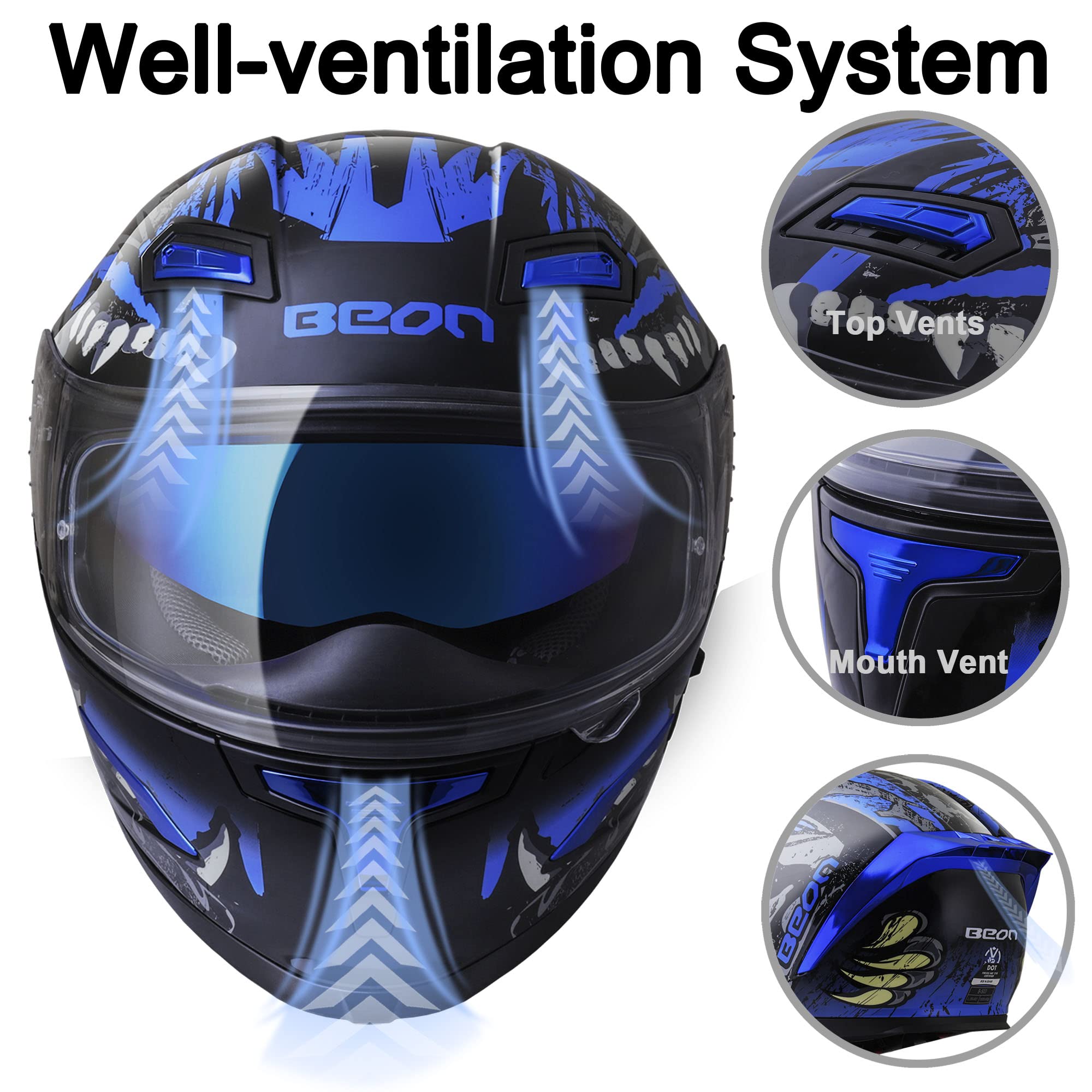 Foto 4 | Casco De Moto Beon Full Face Glossy Blue Adult S-xl - Venta Internacional.