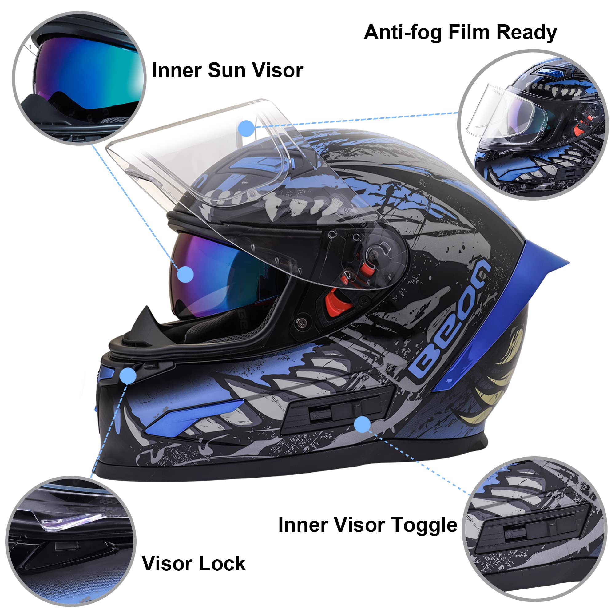 Foto 6 pulgar | Casco De Moto Beon Full Face Glossy Blue Adult S-xl - Venta Internacional.