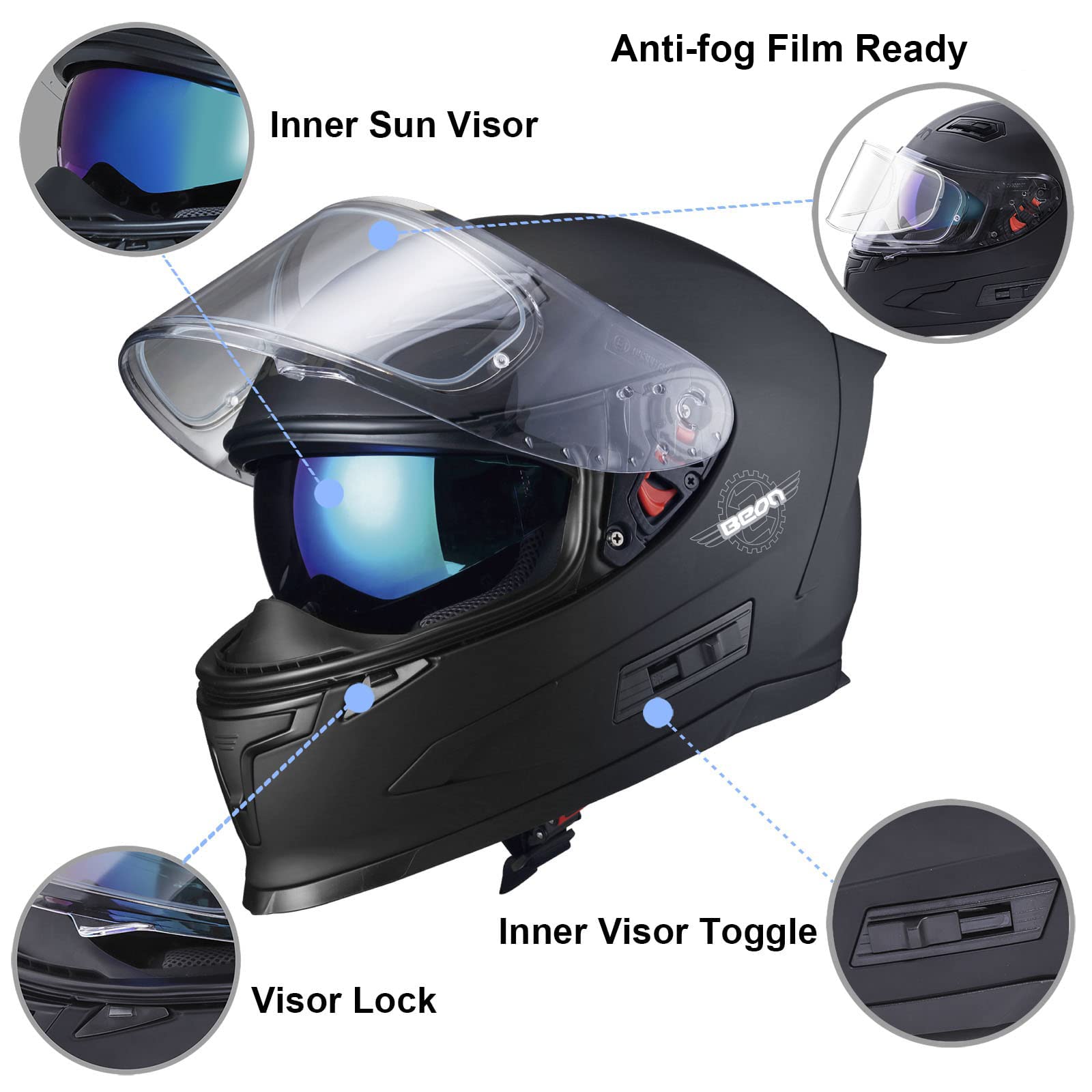 Foto 6 pulgar | Casco De Moto Beon Full Face Street Bike Aprobado Por El Dot - Venta Internacional.