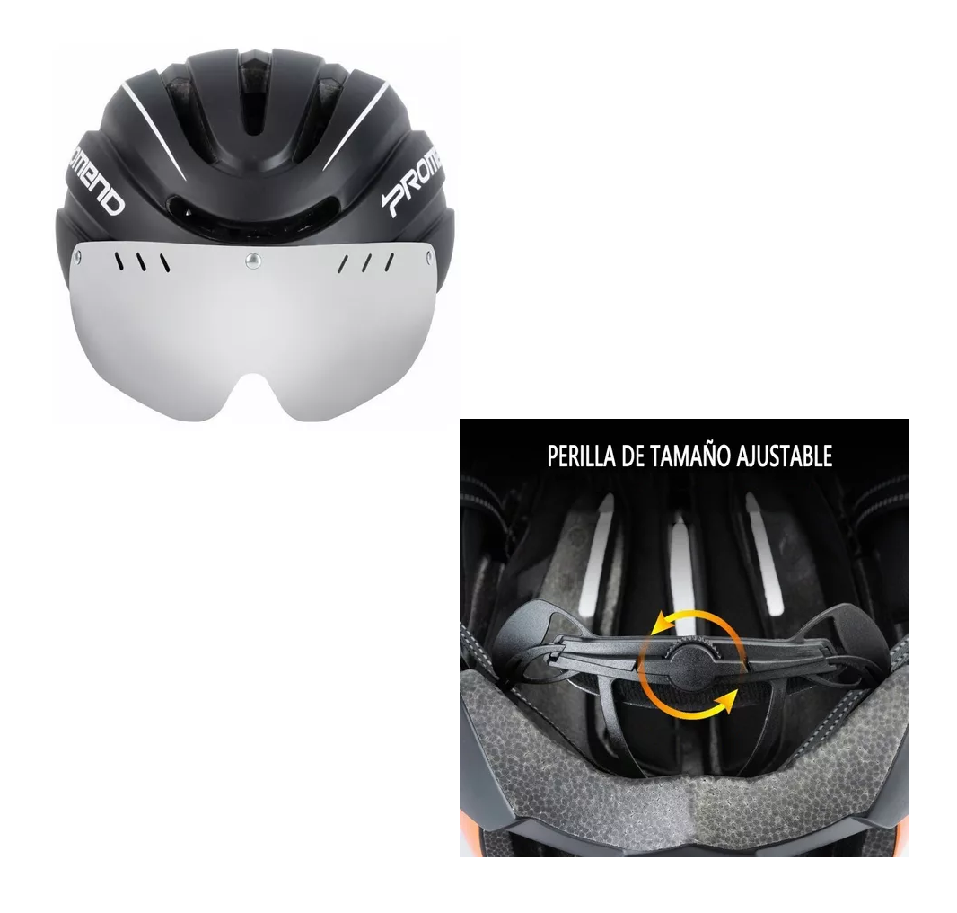 Foto 4 pulgar | Casco De Bicicleta Ajustable Con Gafas De Sol Y Luz D/alerta Negro