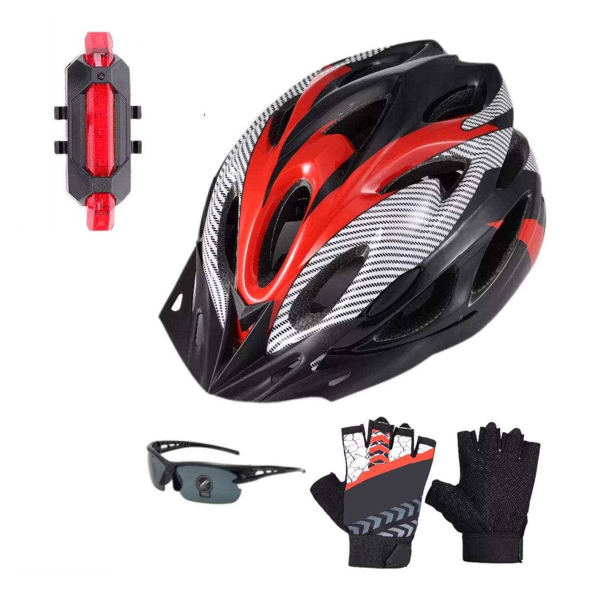 Set De Casco, Luz De Bicicleta, Gafas Y Guantes 4pzs  Eo Safe Imports Esi-15815 Rojo