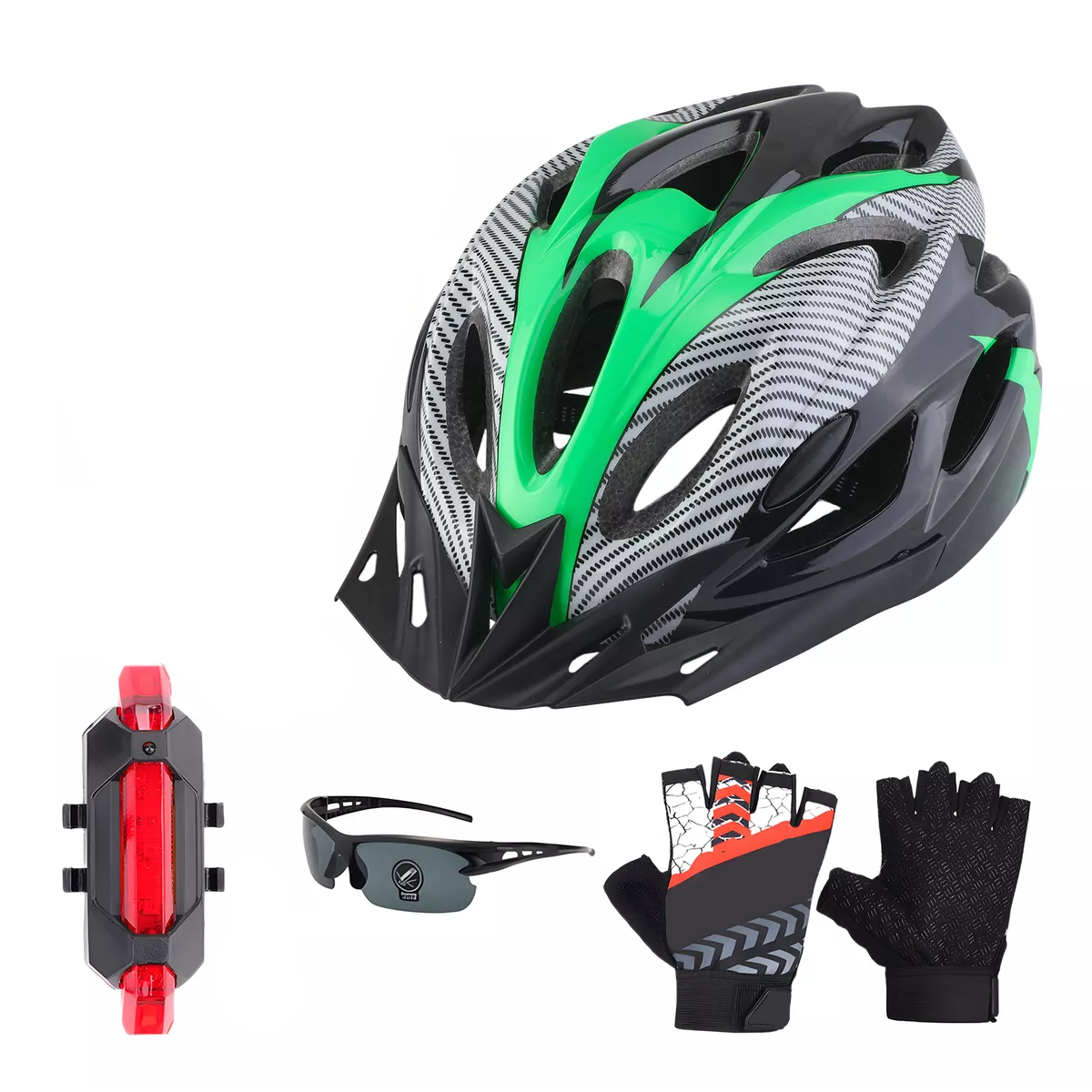 Set De Casco, Luz De Bicicleta, Gafas Y Guantes 4pzs  Eo Safe Imports Esi-15817 Verde