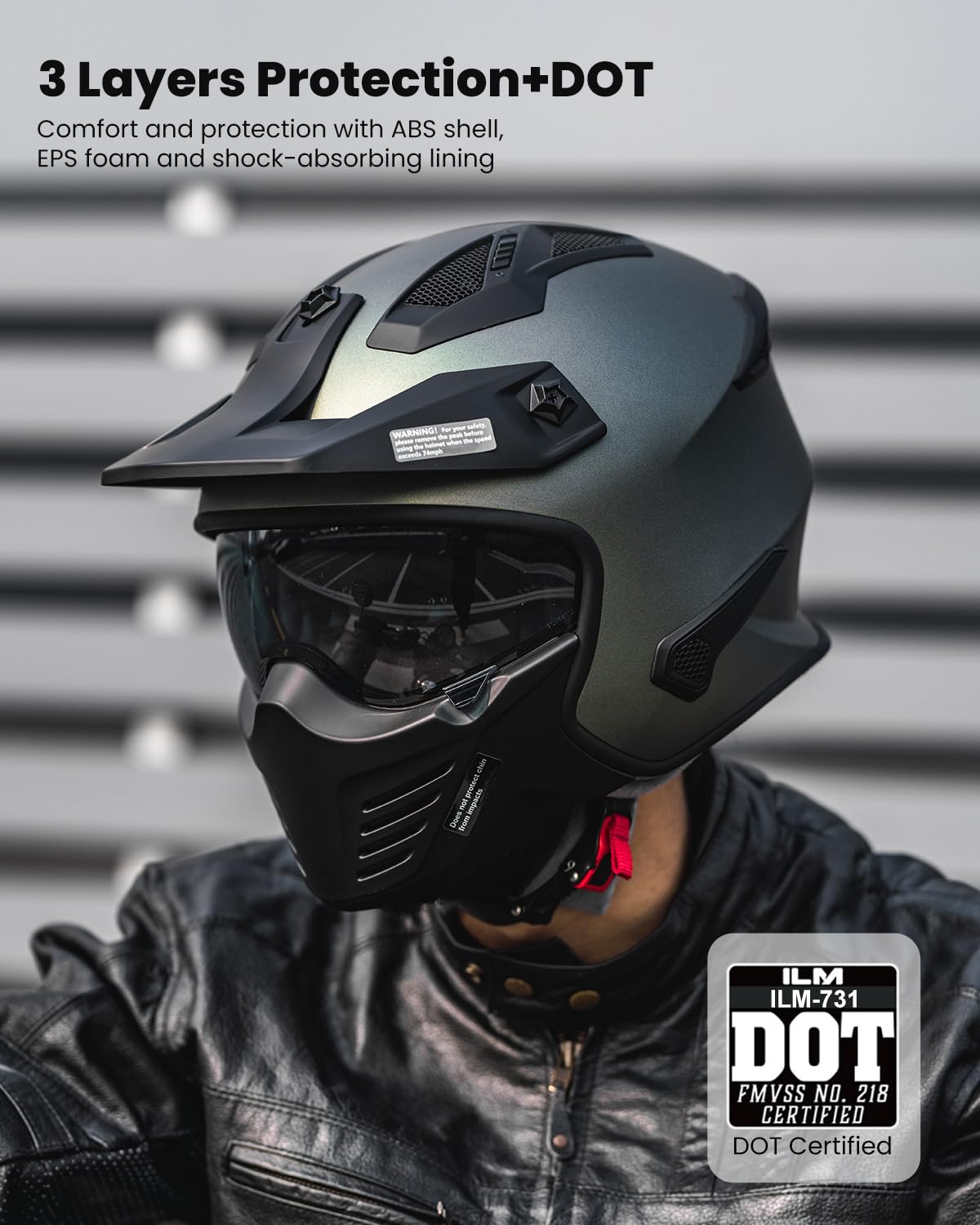 Foto 5 pulgar | Casco Ilm 726x Con Cara Abierta Para Motocicleta 3/4 Dot, Color Verde Medianoche - Venta Internacional.