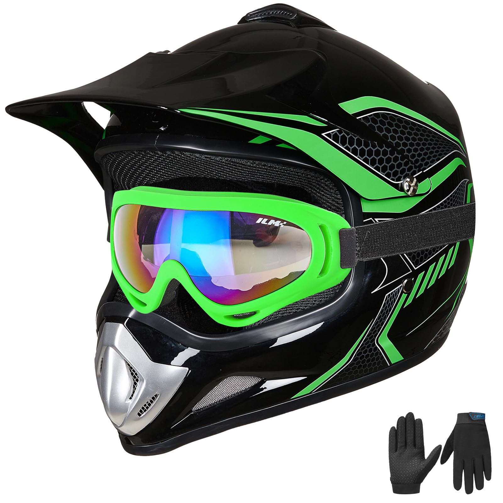 Casco Integral Para Moto De Cross Ilm Bld-818 Para Jóvenes Y Niños, Color Verde Dot - Venta Internacional.