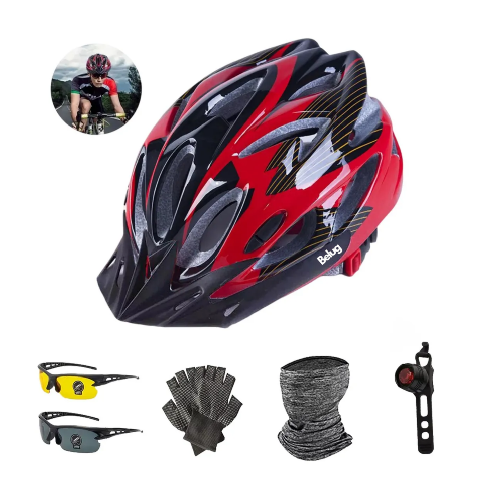 Foto 3 pulgar | Casco De Bicicleta+lentes+máscara+luz Trasera+guantes Color Rojo Talla M Belug