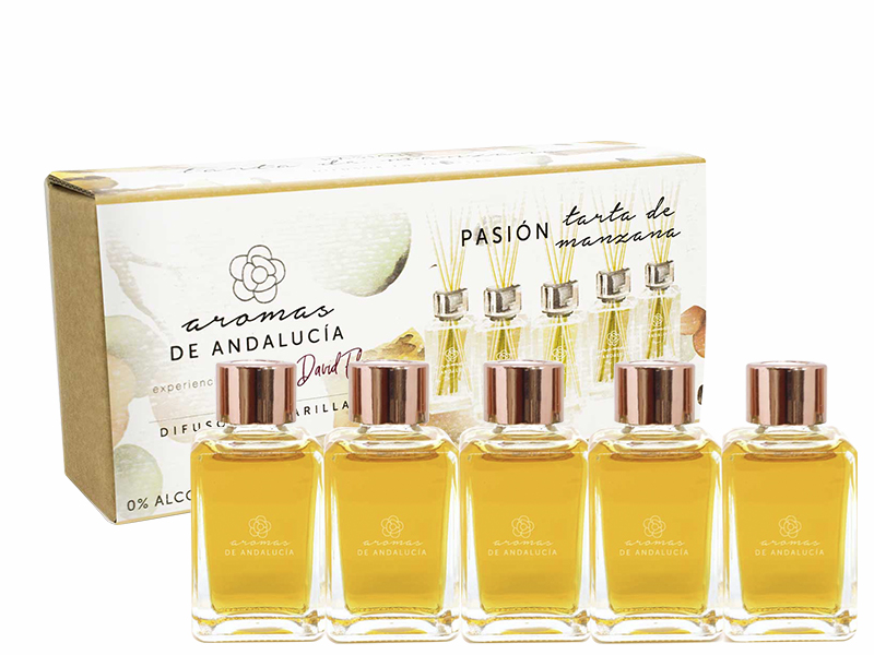 Kit Difusor de Varillas Andalucía con 5 Esencias de 30 ml c/u Aroma Tarta de Manzana