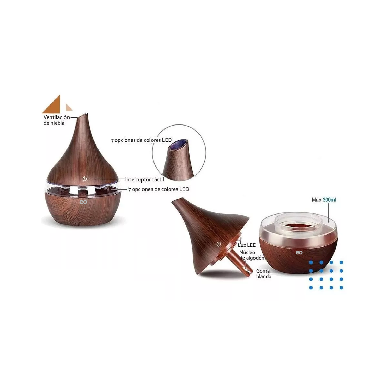 Foto 3 pulgar | Difusor De Aromas Eléctricos Humidificador De Aire 300ml Eo Safe Imports Esi-5213-1 Marron