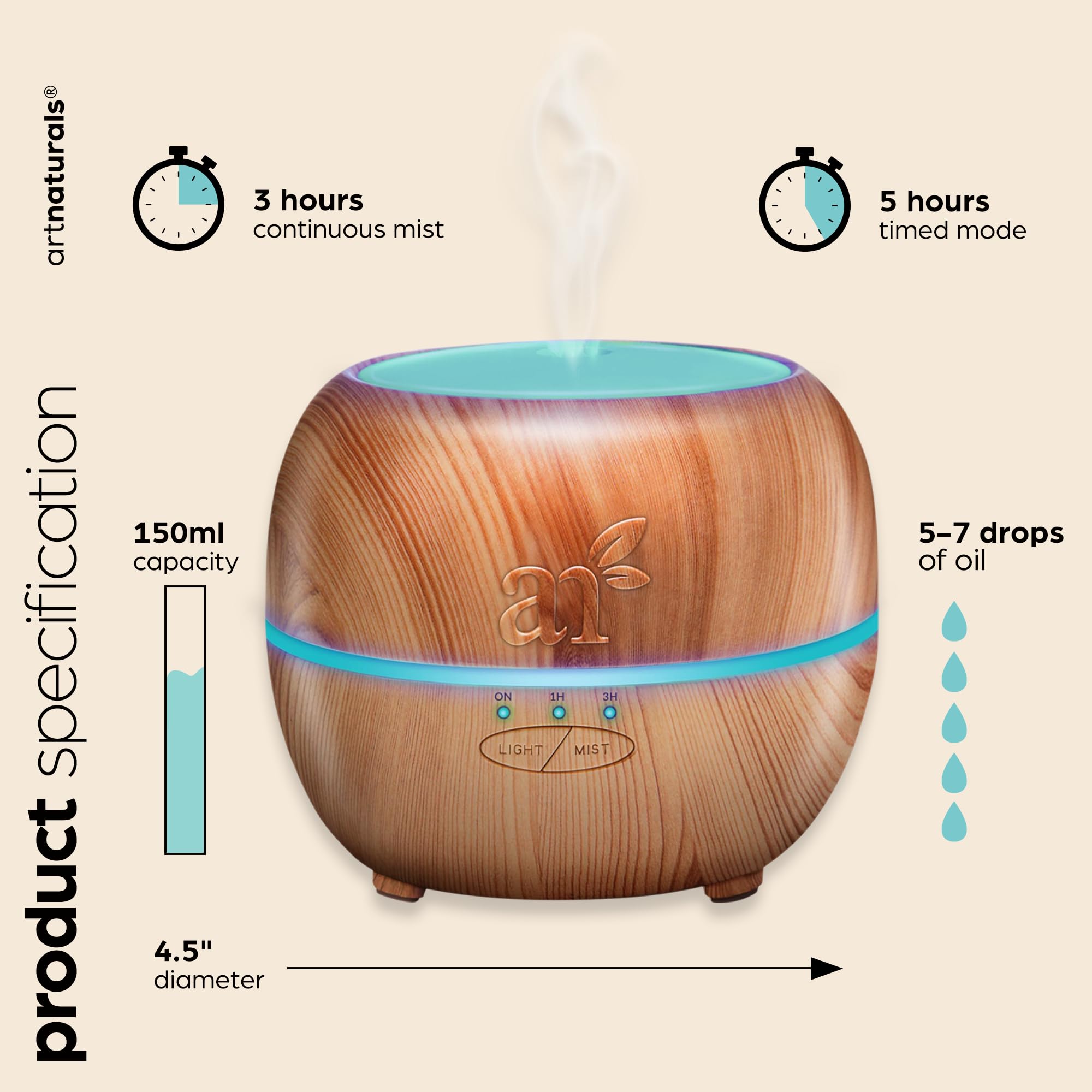 Foto 6 pulgar | Difusor De Aceites Esenciales De Aromaterapia Artnaturals  Tanque De 150 Ml - Venta Internacional.