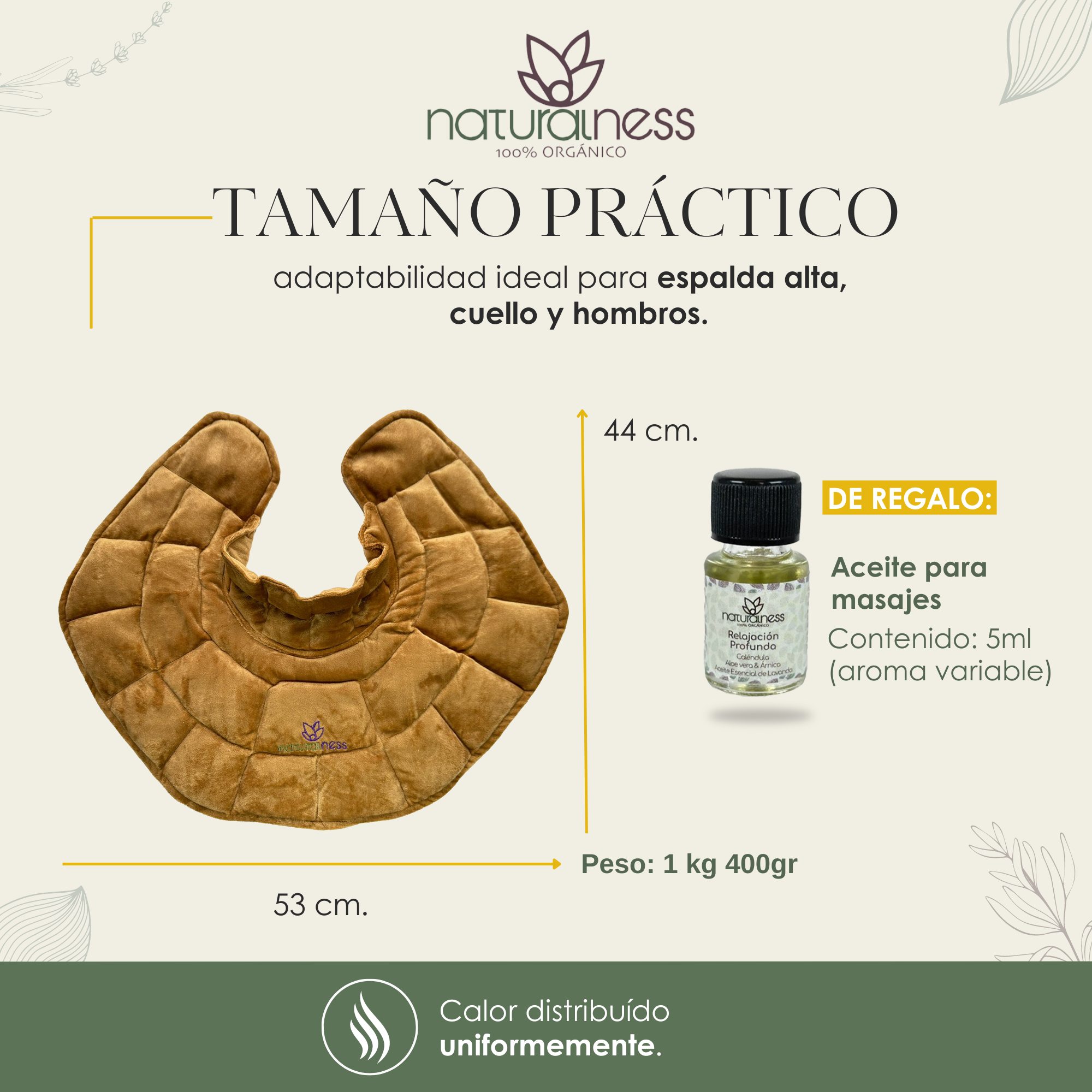 Foto 5 pulgar | Compresa Térmica Naturalness con Semillas y Plantas para Dolores de Cuello, Hombros y Espalda Baja Dorado