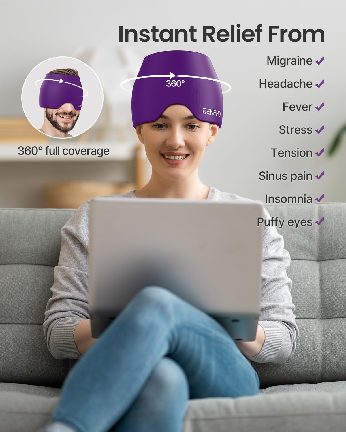 Foto 3 pulgar | Gorro Para Aliviar La Migraña Renpho, Envoltura Helada Para Dolor De Cabeza, Terapia Fría Y Caliente - Venta Intern
