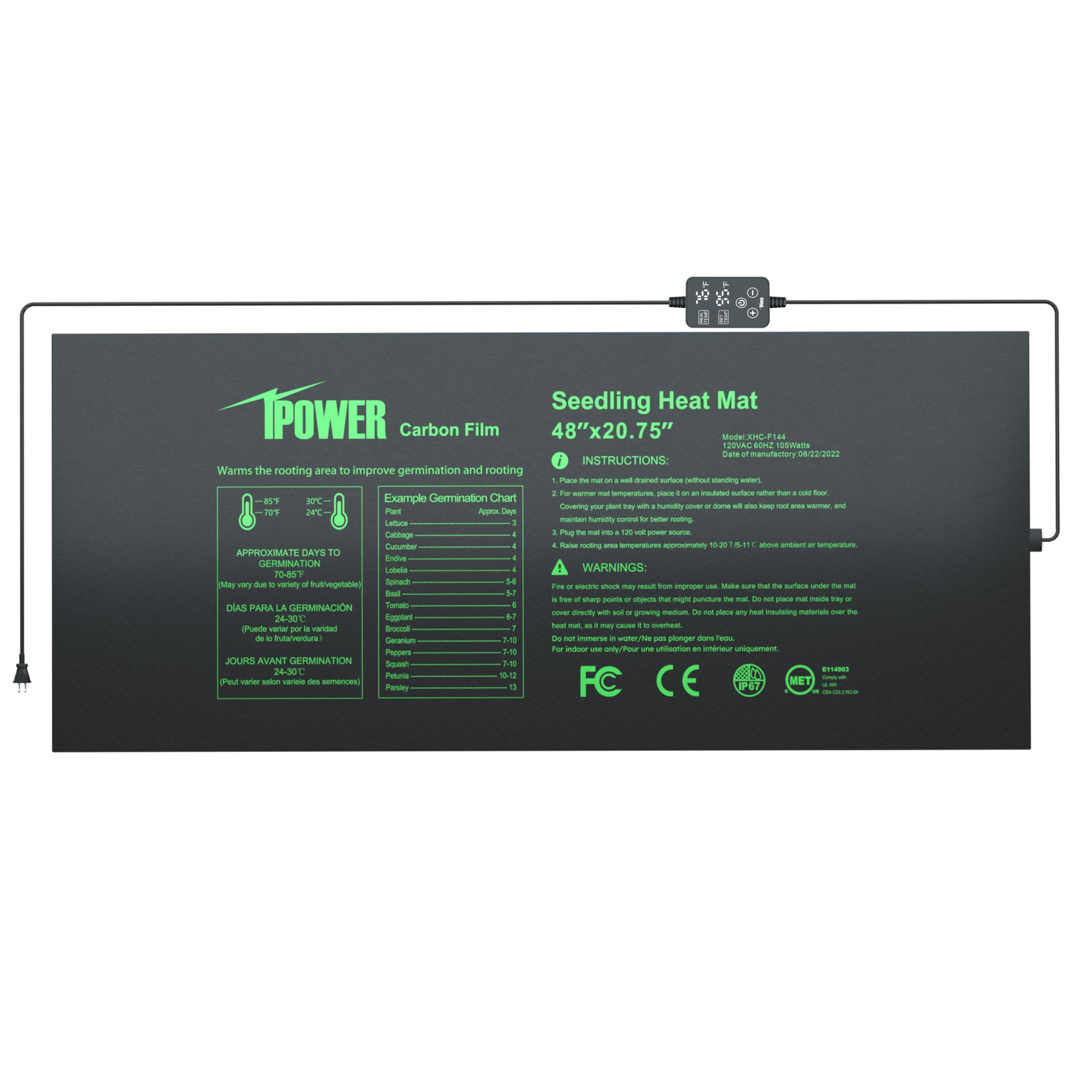 Foto 2 pulgar | Alfombrilla Térmica Ipower De Seedling Con Doble Temperatura Digital, 48 X 20 - Venta Internacional.