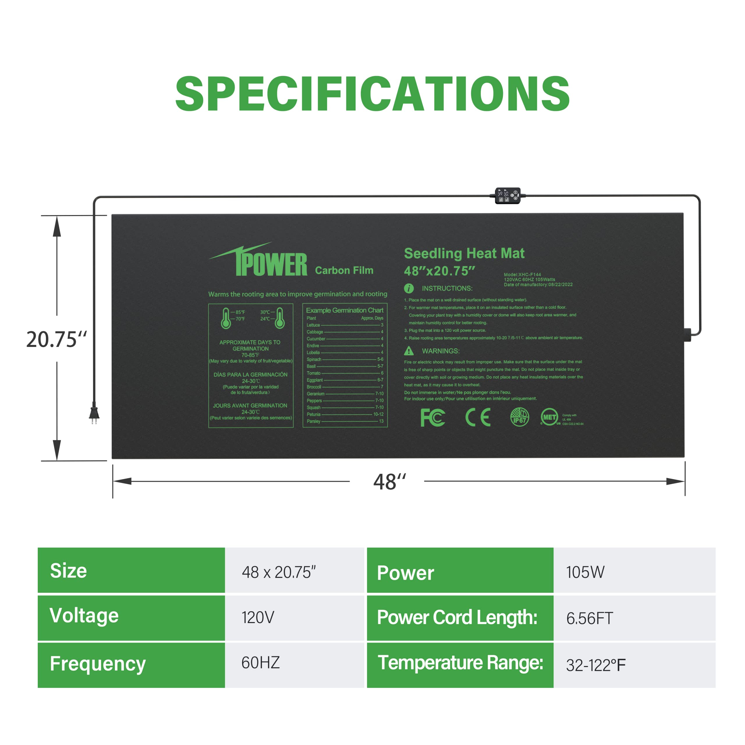 Foto 2 | Alfombrilla Térmica Ipower De Seedling Con Doble Temperatura Digital, 48 X 20 - Venta Internacional.