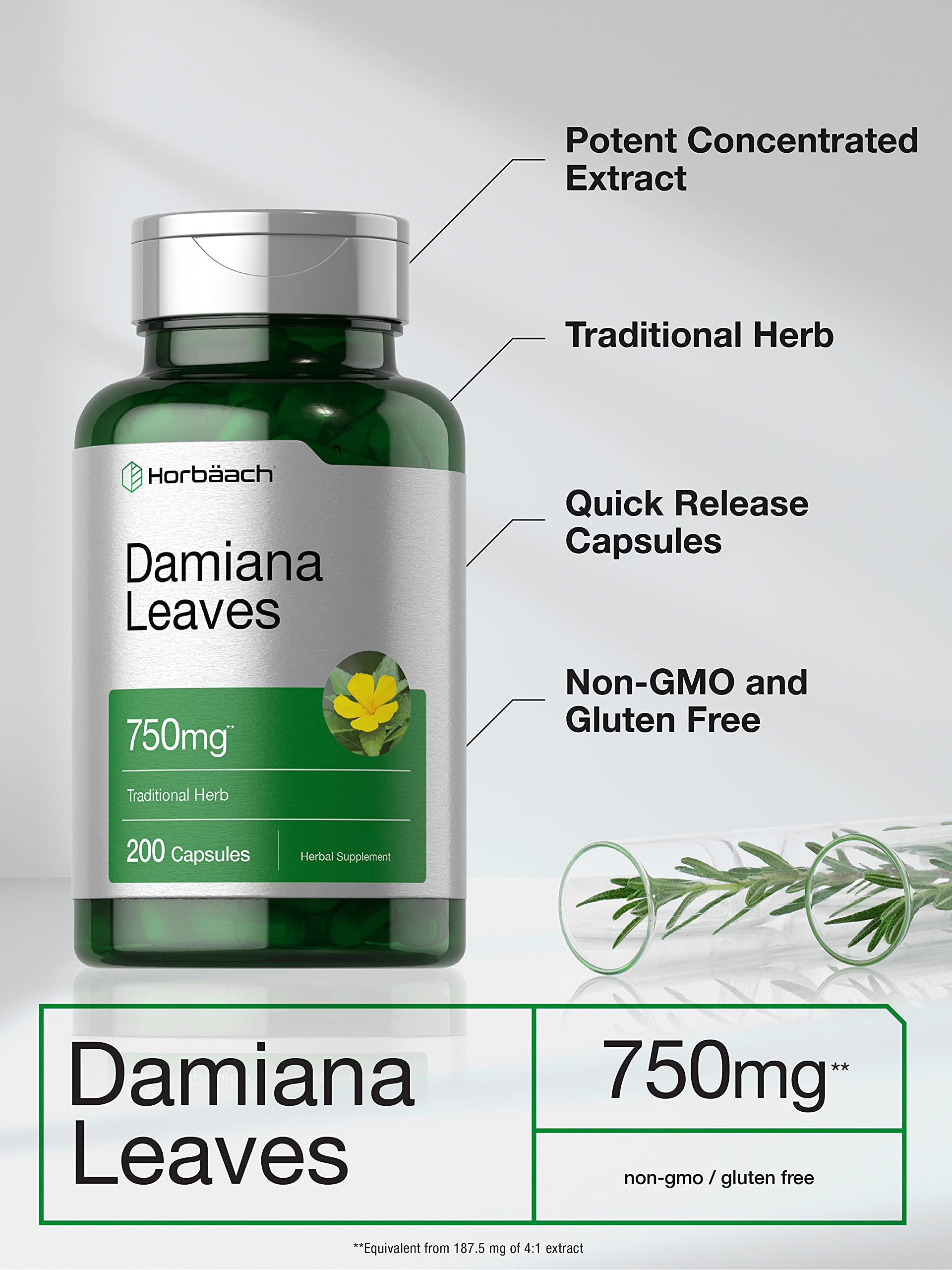 Foto 4 pulgar | Suplemento Horbäach Damiana Leaf 750 Mg | 200 Cápsulas - Venta Internacional.