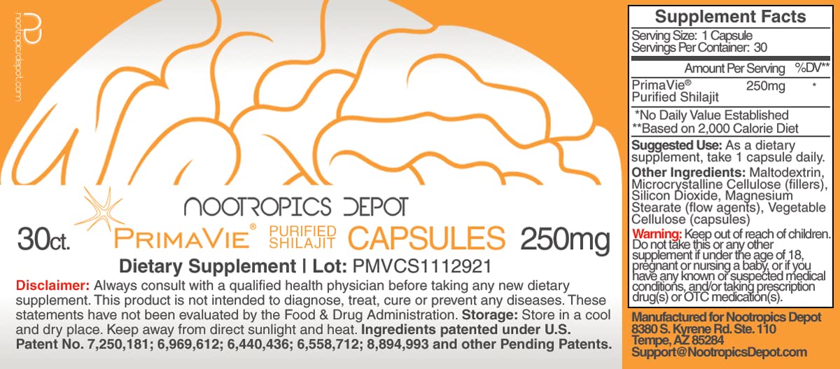 Foto 3 pulgar | Suplemento Nootropics Depot Primavie Shilajit En Cápsulas De 250 Mg - Venta Internacional.