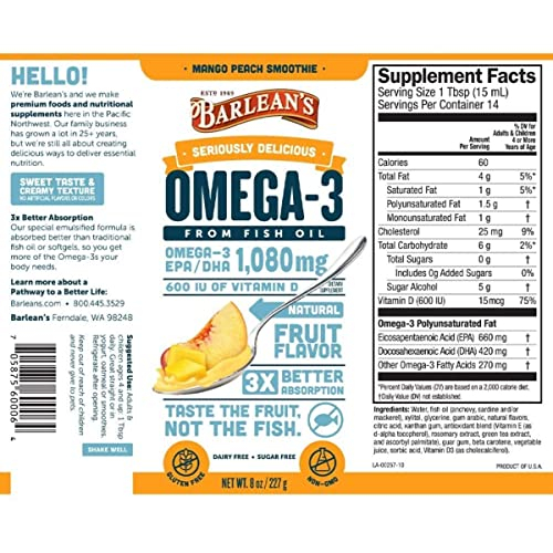 Foto 3 pulgar | Suplementos De Aceite De Pescado Barlean's Mango Peach Omega 3, 240 Ml - Venta Internacional.