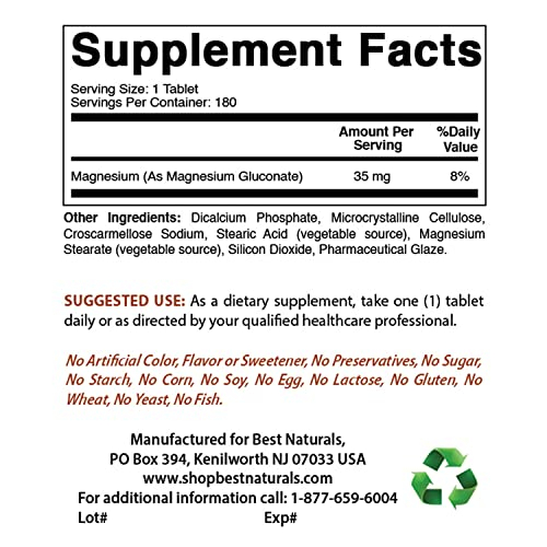 Foto 3 pulgar | Supplement Best Naturals Gluconato De Magnesio 35 Mg 180 Comprimidos - Venta Internacional.