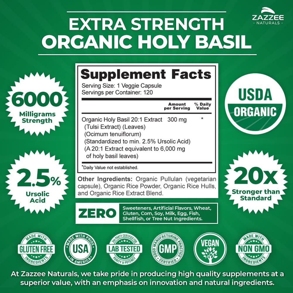 Foto 3 pulgar | Suplemento Zazzee Usda Organic Holy Basil 6000 Mg 120 Cápsulas - Venta Internacional.
