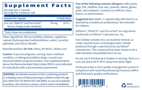 Foto 4 | Suplemento De Quelato De Bisglicinato De Hierro De Klaire Labs 30 Mg 100 Ca - Venta Internacional.